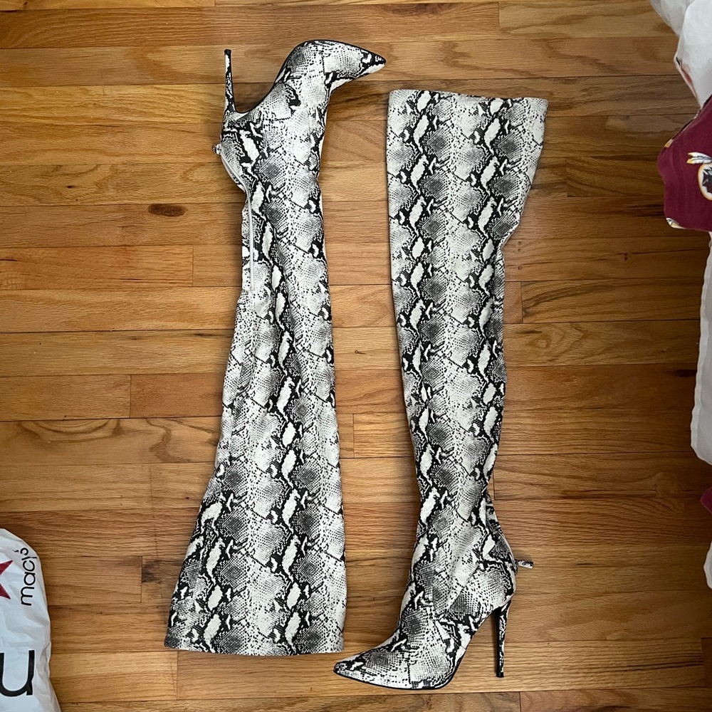 Steve Madden Black and White Snake Print Over the Knee Boots